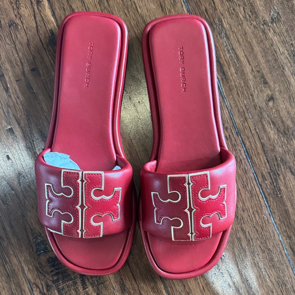 New!! Tory Burch Red and Gold Double T sport slide size 7